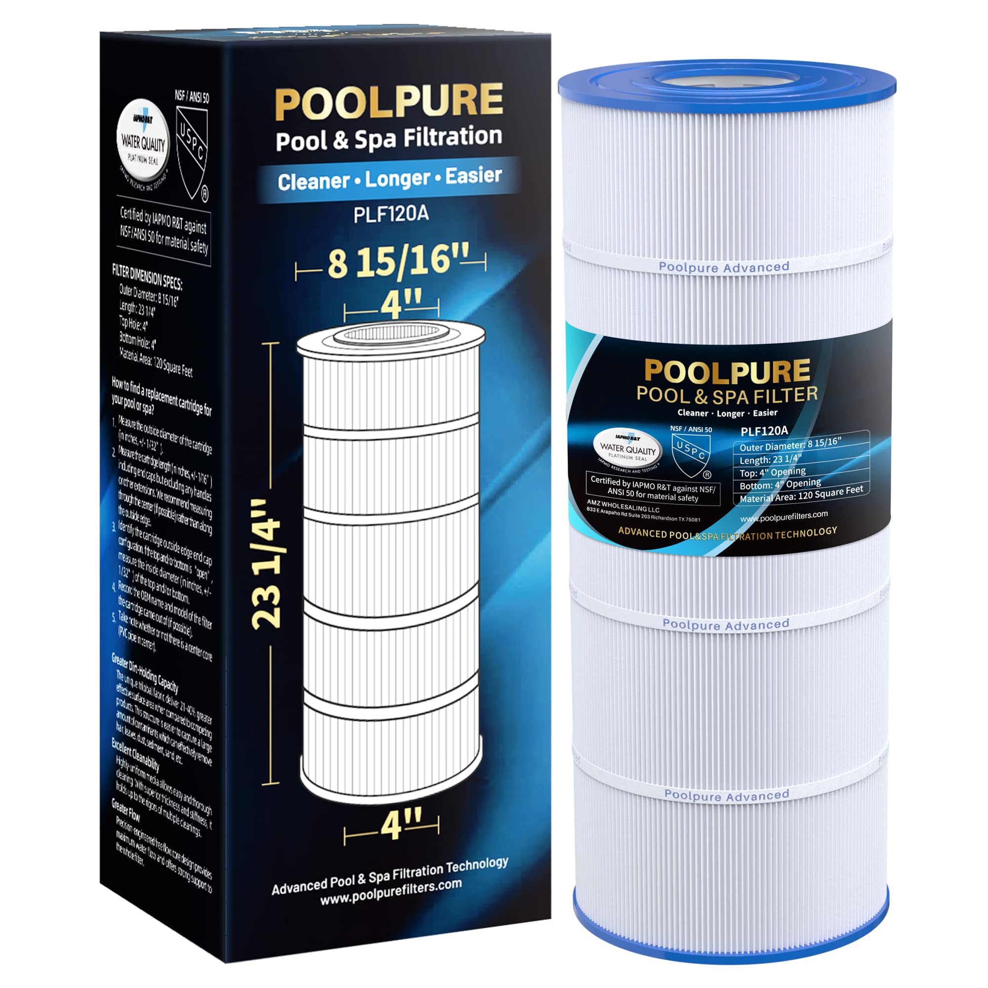 POOLPURE PLF120A Pool Filter Replaces Hayward C1200, CX1200RE, Pleatco PA120, Ultra-B2, Unicel C-8412, Filbur FC-1293, Clearwater II 125, Waterway Pro Clean PCCF-125, L x OD:23 1/4" x 8 15/16"