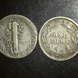 1892 to 1945 PD or S - Set of 2 coins - Mercury and Barber Dimes - 90% Silver - Different Dates from 1892 to 1945 Dimes Seller VG-08 and better