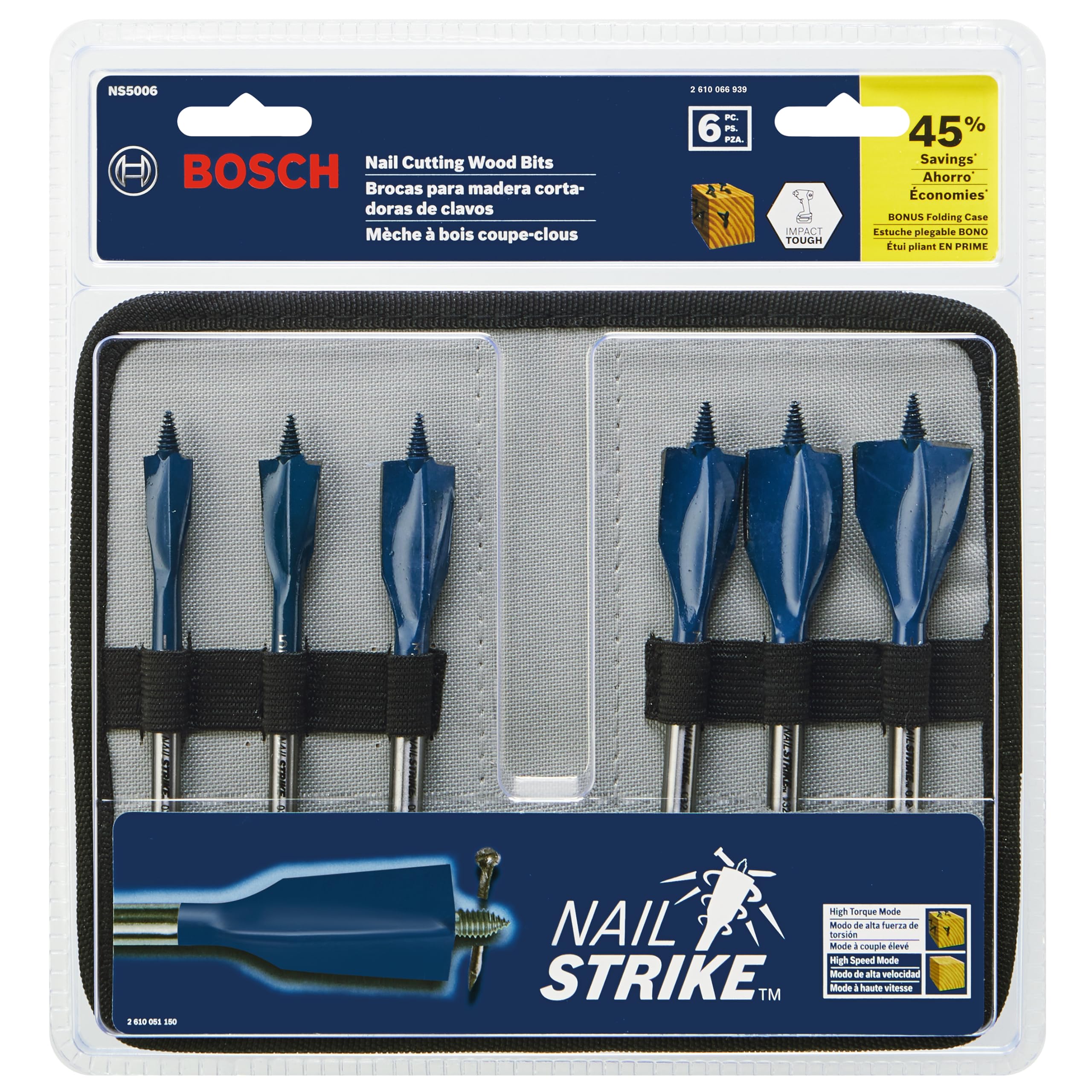 BOSCH NS5006 6-Piece Nail Strike Wood-Boring Spade Bits Assorted Set with Included Pouch Optimized for Wood and Wood with Nails