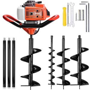 72cc auger post hole digger, 3kw 2 stroke post hole auger gas powered with 3 auger drill bits(4" & 8" & 12") + 3 extension rods for farm garden plant