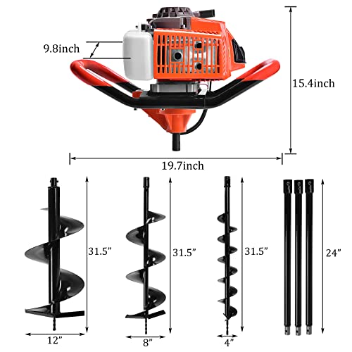 72CC Auger Post Hole Digger, 3KW 2 Stroke Post Hole Auger Gas Powered with 3 Auger Drill Bits(4" & 8" & 12") + 3 Extension Rods for Farm Garden Plant