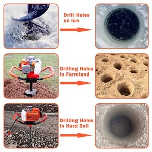 72CC Auger Post Hole Digger, 3KW 2 Stroke Post Hole Auger Gas Powered with 3 Auger Drill Bits(4" & 8" & 12") + 3 Extension Rods for Farm Garden Plant