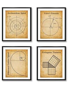 math art prints-archimedean spiral, euler's formula, fibonacci golden spiral, pythagoras theorem-set of four gallery wall 8x10 unframed - gift & decor for teachers, classroom & math students under $20