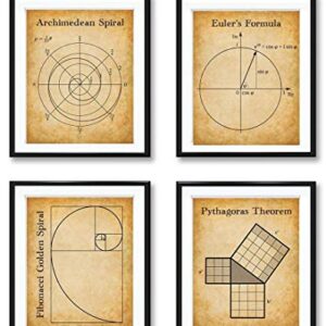 Math Art Prints-Archimedean Spiral, Euler's Formula, Fibonacci Golden Spiral, Pythagoras Theorem-Set of Four Gallery Wall 8x10 Unframed - Gift & Decor For Teachers, Classroom & Math Students Under $20