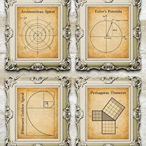 Math Art Prints-Archimedean Spiral, Euler's Formula, Fibonacci Golden Spiral, Pythagoras Theorem-Set of Four Gallery Wall 8x10 Unframed - Gift & Decor For Teachers, Classroom & Math Students Under $20