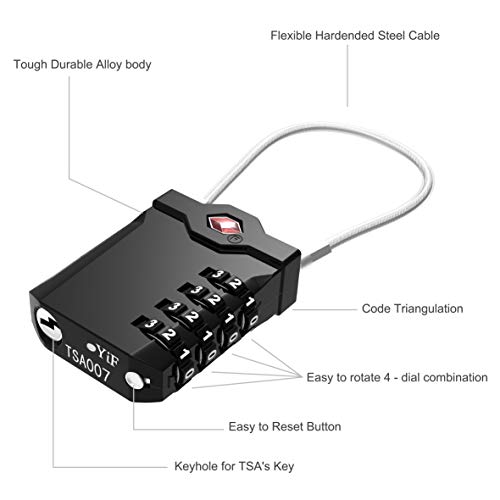 TSA Approved Luggage Locks with Steel Cable 4 Digit Combination Lock with Inspection Indicator Keyless Padlock for Suitcase Backpack Baggage (2 Pack)