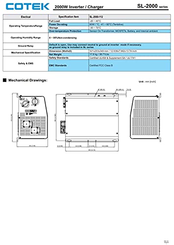 Cotek SL-2000-112 Low Frequency Pure Sine Wave Bidirectional Inverter/Charger with Transfer Switch 120VAC 12VDC 2000W