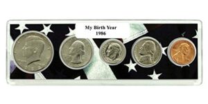 1986-5 coin birth year set in american flag holder uncirculated