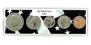 1991-5 coin birth year set in american flag holder uncirculated