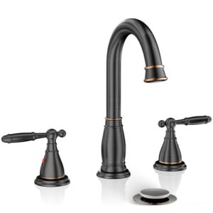 phiestina 2-handle 8 inch 3 hole oil rubbed bronze widespread bathroom faucets, with valve and metal pop-up drain, wf017-4-orb