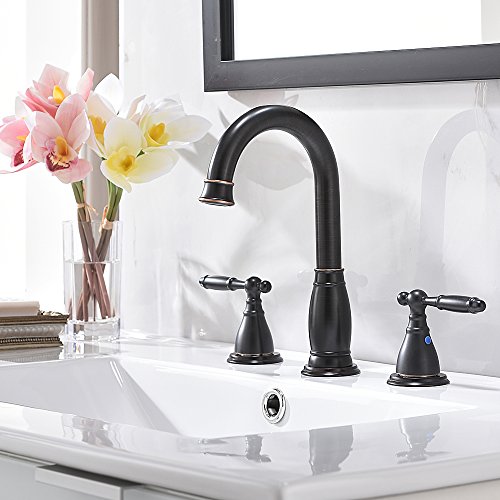 Phiestina 2-Handle 8 Inch 3 Hole Oil Rubbed Bronze Widespread Bathroom Faucets, with Valve and Metal Pop-Up Drain, WF017-4-ORB