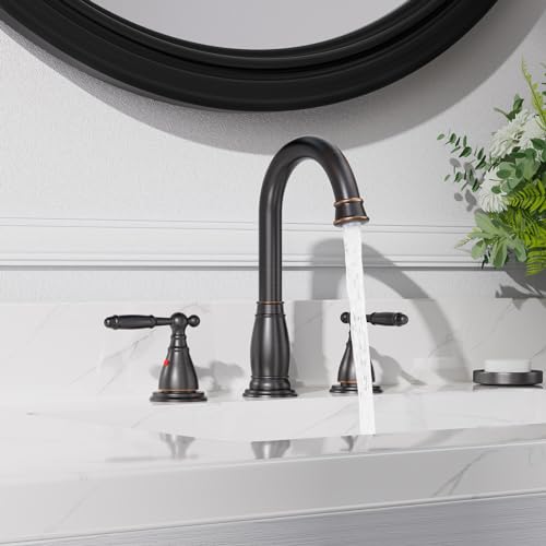 Phiestina 2-Handle 8 Inch 3 Hole Oil Rubbed Bronze Widespread Bathroom Faucets, with Valve and Metal Pop-Up Drain, WF017-4-ORB