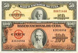 cu 1959 rare, vividly colorful cuba 50 and 100 peso bills! hi denomination gems iss'd same year as cuban revolution! choice crisp uncirculated