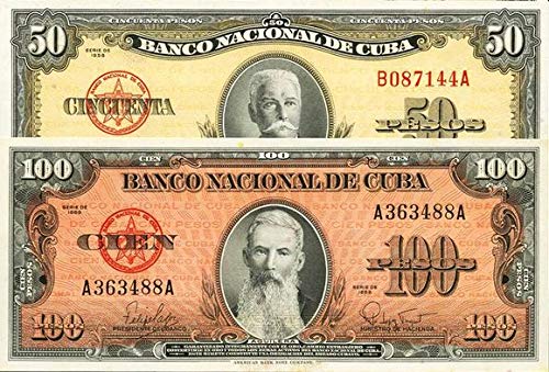 CU 1959 RARE, VIVIDLY COLORFUL CUBA 50 and 100 PESO BILLS! HI DENOMINATION GEMS ISS'D SAME YEAR AS CUBAN REVOLUTION! Choice Crisp Uncirculated