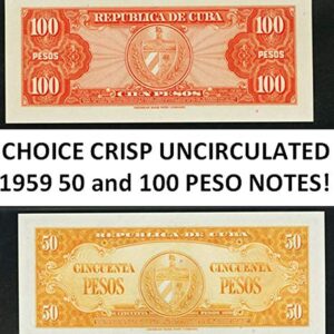 CU 1959 RARE, VIVIDLY COLORFUL CUBA 50 and 100 PESO BILLS! HI DENOMINATION GEMS ISS'D SAME YEAR AS CUBAN REVOLUTION! Choice Crisp Uncirculated