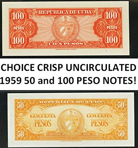 CU 1959 RARE, VIVIDLY COLORFUL CUBA 50 and 100 PESO BILLS! HI DENOMINATION GEMS ISS'D SAME YEAR AS CUBAN REVOLUTION! Choice Crisp Uncirculated