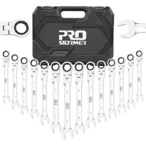 prostormer 14-piece flex-head ratcheting wrench set, 6-19mm metric chrome vanadium steel ratchet wrenches, combination ended spanner kit with storage case