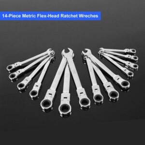 Prostormer 14-Piece Flex-Head Ratcheting Wrench Set, 6-19mm Metric Chrome Vanadium Steel Ratchet Wrenches, Combination Ended Spanner Kit with Storage Case