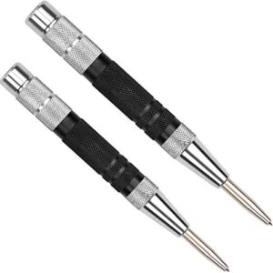 super strong automatic center punch - 6 inch black steel spring loaded center hole punch with adjustable tension, hand tool for metal or wood with zippered hard shell carry case - pack of 2