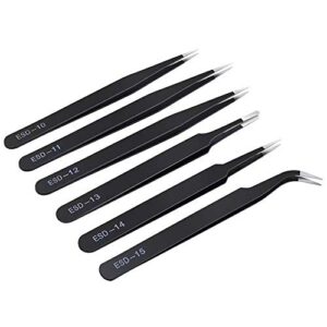 6pcs precision tweezers set, upgraded anti-static stainless steel curved of tweezers, for electronics, laboratory work, jewelry-making, craft, soldering, etc, by kaverme.