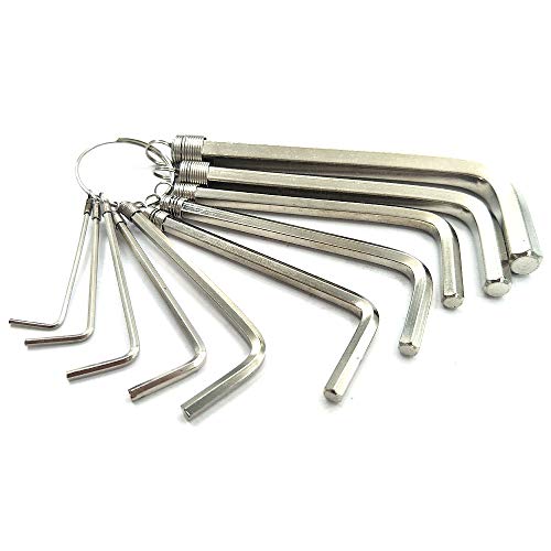 Sport Art 10 pcs Allen Wrench Hex Key Set with Keychain Allen Wrench Bike Repair Tool, L Shape, Wrench Size: 1.5mm, 2mm, 2.5mm, 3mm, 4mm, 5mm, 5.5mm, 6mm，8mm，10mm (silvery)