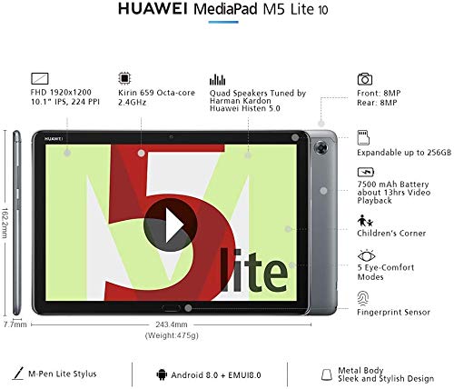 Huawei MediaPad M5 lite - 10.1 inch - WiFi Only - 3GB+32GB Quad Harman Kardon-Tuned Speakers- Space Gray