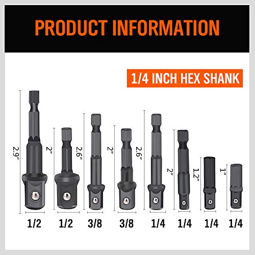 HORUSDY 8-Piece Impact Grade Power Drill Sockets Adapter Sets, Hex Shank Impact Driver Socket Adapter, Socket to Drill Adapter 1/4" 3/8" 1/2" Impact Driver Adapter