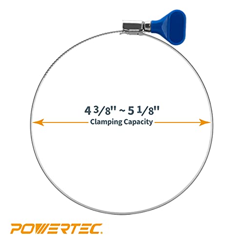 POWERTEC 70249 5 Inch Key Hose Clamp, Thumb Screw Key Adjustable Stainless Steel Hose Clamps for Dust Collection, Dust Collector and Dryer Vent Hose, Pipe Clamp, RV Clamp, Worm Gear Clamp, 5 pack