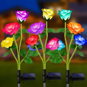 urpower solar lights outdoor, 3 pack upgraded realistic solar garden lights outdoor, waterproof 7-color changing rose solar flower lights with bigger solar panel for patio, garden, yard decoration