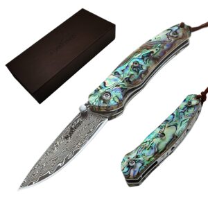 albatross pocket knife abalone seashells 6.5'' modern damascus steel knife liner lock folding knife gift box - hgdk015b