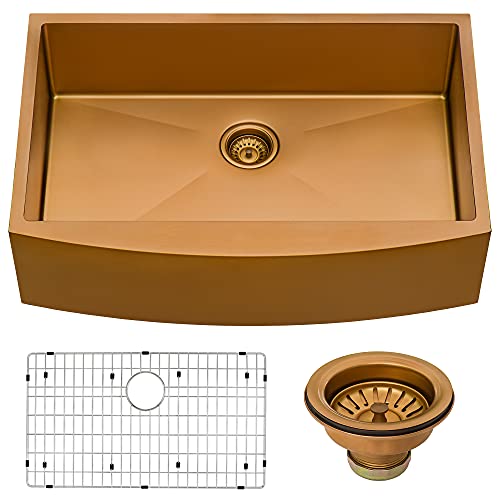 Ruvati Copper Tone 36-inch Apron-Front Farmhouse Kitchen Sink - Matte Bronze Stainless Steel Single Bowl - RVH9880CP