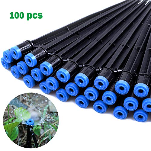 100PCS Drip Emitters Fan Shape with Stake Water Flow Adjustable for 1/4 inch Irrigation Tube Hose, 360 Degree Sprayer Perfect for Irrigation System Watering Kits for Garden Patio Lawn Flower Bed