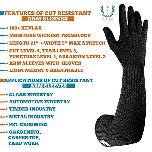 100% Kevlar Gloves with Sleeves by Dupont- Anti Scratch, Heat & Cut Resistant Sleeves Gloves, Safety Sleeves- Long Arm Protectors- Welding, Kitchen, Gardening, Pet Grooming & Bite Guard- Black, 1 Pair