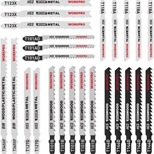 WORKPRO 25-Piece T-Shank Jig Saw Blade Set with Storage Case, Made with HCS/HSS/BIM, Assorted Blades for Wood, Plastic and Metal Cutting