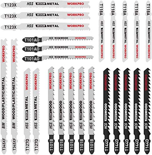 WORKPRO 25-Piece T-Shank Jig Saw Blade Set with Storage Case, Made with HCS/HSS/BIM, Assorted Blades for Wood, Plastic and Metal Cutting