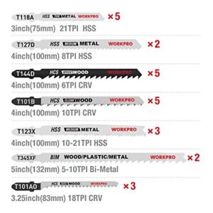 WORKPRO 25-Piece T-Shank Jig Saw Blade Set with Storage Case, Made with HCS/HSS/BIM, Assorted Blades for Wood, Plastic and Metal Cutting