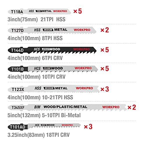 WORKPRO 25-Piece T-Shank Jig Saw Blade Set with Storage Case, Made with HCS/HSS/BIM, Assorted Blades for Wood, Plastic and Metal Cutting