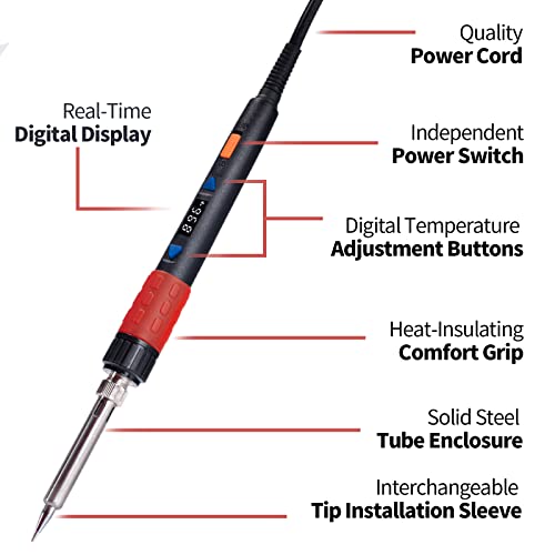 YIHUA 928D-III Soldering Iron,110W High Power, Fully Digital Display °F /°C- Temperature Control Soldering Tool, Accurate 194~896°F, with ON/OFF Switch, Iron Tip, Brass Wool, Automatic Sleep Mode