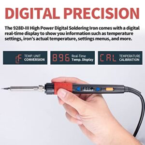 YIHUA 928D-III Soldering Iron,110W High Power, Fully Digital Display °F /°C- Temperature Control Soldering Tool, Accurate 194~896°F, with ON/OFF Switch, Iron Tip, Brass Wool, Automatic Sleep Mode