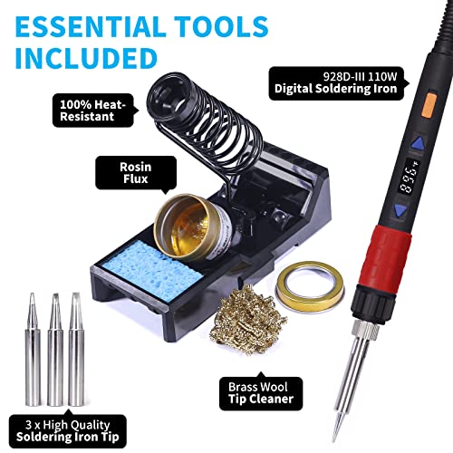 YIHUA 928D-III Soldering Iron,110W High Power, Fully Digital Display °F /°C- Temperature Control Soldering Tool, Accurate 194~896°F, with ON/OFF Switch, Iron Tip, Brass Wool, Automatic Sleep Mode