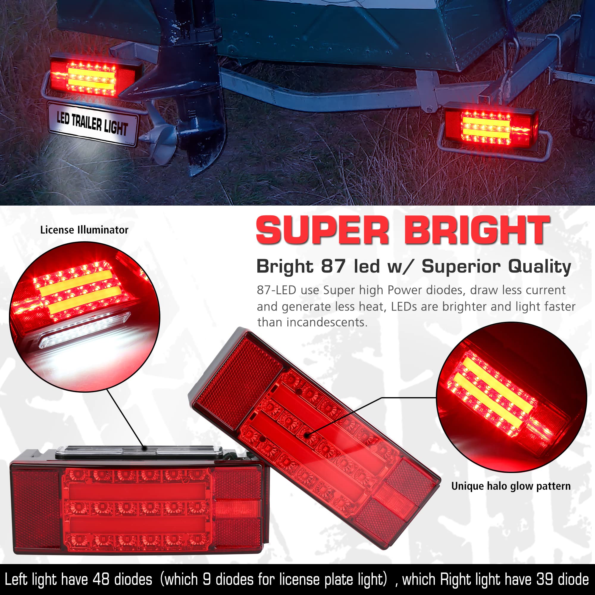 LINKITOM New Submersible LED Trailer Light Kit, Super Bright Brake Stop Turn Tail License Lights for Camper Truck RV Boat Snowmobile Over 80" Inches