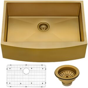 ruvati brass tone 33-inch apron-front farmhouse kitchen sink - matte gold stainless steel single bowl - rvh9733gg
