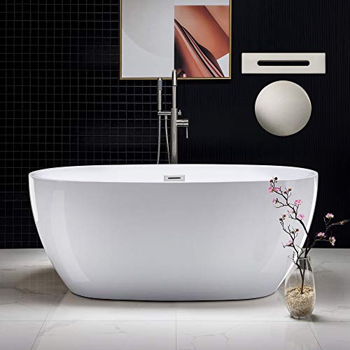 WOODBRIDGE 59"Freestanding White Acylic Soaking Bathtub with Brushed Nickel Drain and Overflow,BTA1518 -B/N-Drain &O