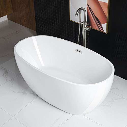 WOODBRIDGE 59"Freestanding White Acylic Soaking Bathtub with Brushed Nickel Drain and Overflow,BTA1518 -B/N-Drain &O