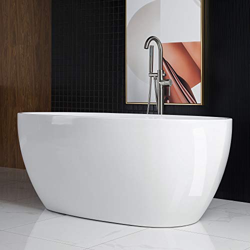 WOODBRIDGE 59"Freestanding White Acylic Soaking Bathtub with Brushed Nickel Drain and Overflow,BTA1518 -B/N-Drain &O