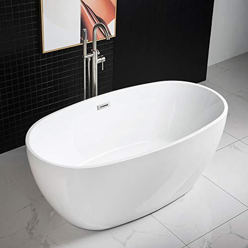WOODBRIDGE 59"Freestanding White Acylic Soaking Bathtub with Brushed Nickel Drain and Overflow,BTA1518 -B/N-Drain &O