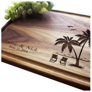 straga personalized cutting boards | handmade wood engraved charcuterie | custom wedding, anniversary, birthday gift for couples, beach lovers (tropical beach design no.409)