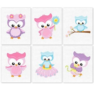 colorful cute owls prints, 6 (8x10) unframed photos, wall art decor gifts under 20 for home office school nursery studio family room student teacher children nature earth animals cartoons fans