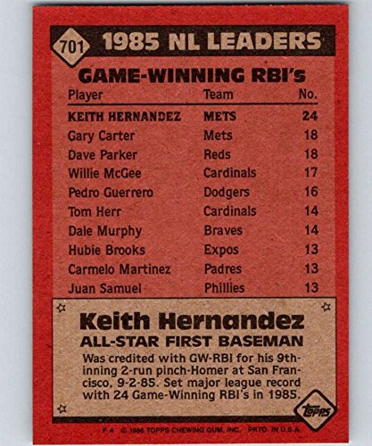 1986 Topps Baseball #701 Keith Hernandez New York Mets AS Official MLB Trading Card (stock photo used, NM or better guaranteed)