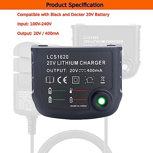 EPOWON LCS1620 Charger Compatible with Black and Decker 20V Lithium Battery Charger LBXR20 LBXR20-OPE LB20 LBX20 LBX4020 LB2X4020 LBXR2020-OPE LBXR16 BL1514